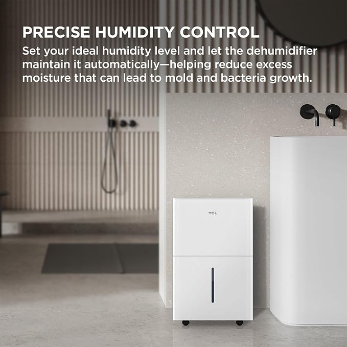 TCL 25-Pint Capacity Quiet, Energy Efficient Portable Dehumidifier, Precise Humidity Control, Bucket or Continuous Drain, Compact Humidity Absorber for Home, Attic, Garage & Rooms up to 2000 Sq Ft