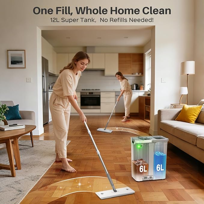 Mop and Bucket Set with Auto-Spray Cleaning, 3-Zone Separate Dirty and Clean Water, Flat Mop and Bucket System with Wringer and Wheels, 4 Reusable Pads, High-Efficiency Cleaning for Home Floor Wall