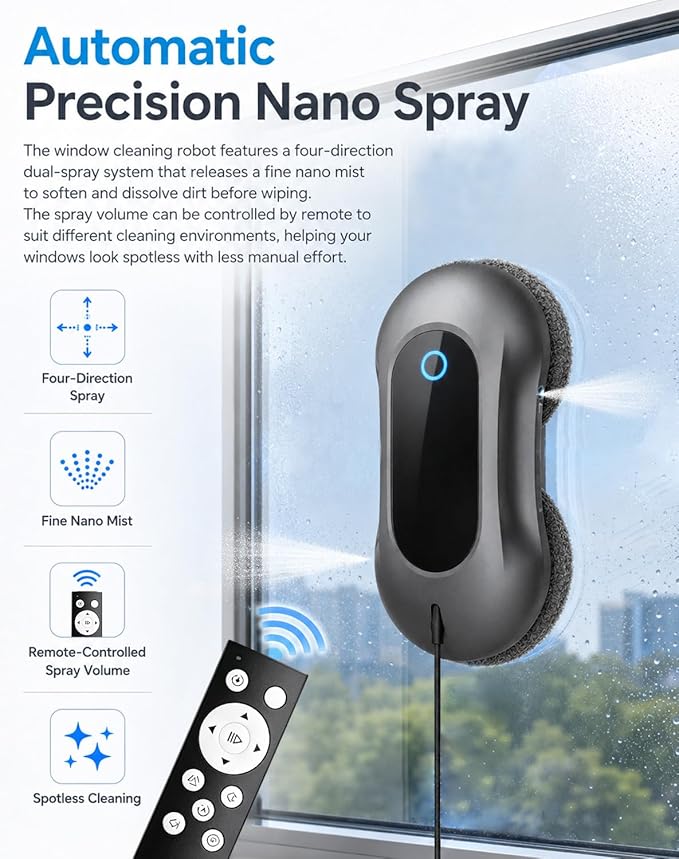 2026 Completely Upgraded Window Cleaning Robot with Smart AI Navigation, Dual Water Spray with 5500Pa Suction Automatic Glass Cleaning Robot for High-Rise Windows and Mirrors