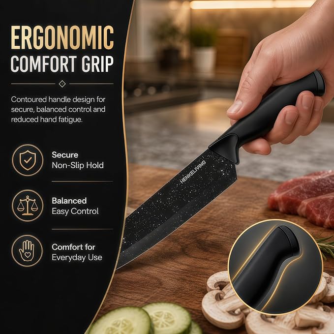 14-Piece Starry Black Knife Block Set with Built-In Sharpener | German high-carbon stainless steel blades, dishwasher safe, ultra-sharp edges, ergonomic non-slip handles