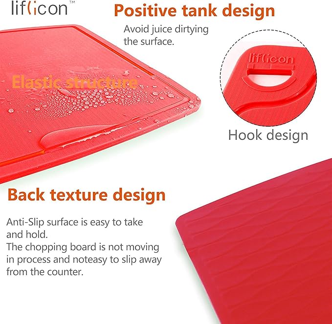 Silicone Thick Cutting Boards Mats Set of 3pcs Foldable & Flexible Design Juice Grooves Easy Grip Handle Dishwasher Safe for Kitchen,BPA free Silicone Cutting Boards/Mats-Red