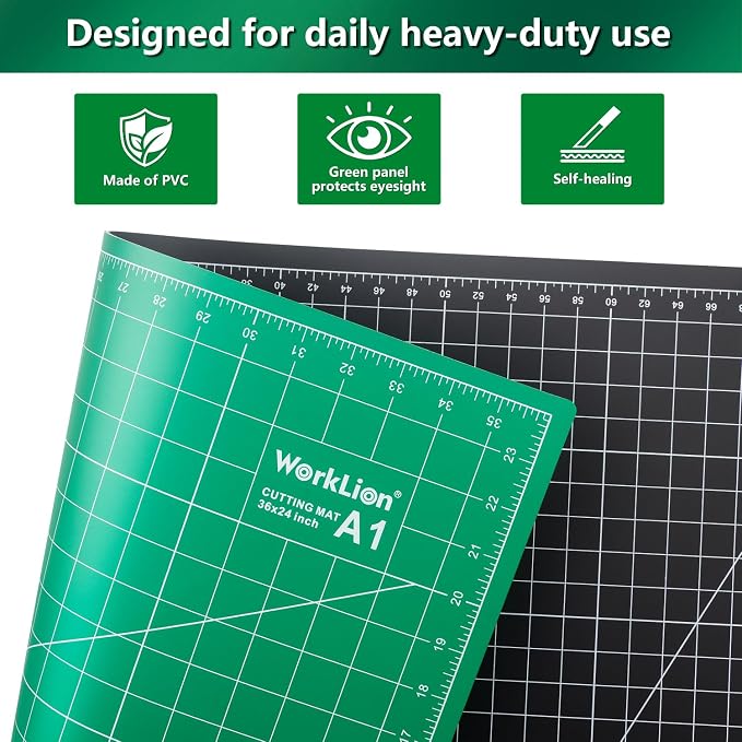 WORKLION Self Healing Cutting Mat: 24 x 36 inch Large Double Sided 5-Layer Gridded PVC Cut Mat for Sewing & Quilting & Scrapbooking & Arts and Crafts Projects (Green/Black)…