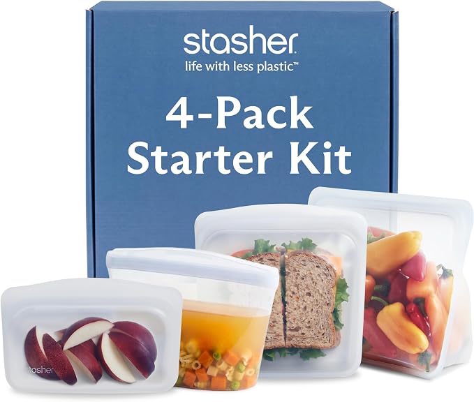 Stasher Premium Reusable Silicone Storage Bags, 4-Pack Starter Kit, Clear | Food-Safe Silicone, Eco-Friendly, Reusable Freezer Bags, Microwave, Dishwasher, Snack Bags, Lunch Containers, Meal Prep