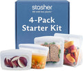 Stasher Premium Reusable Silicone Storage Bags, 4-Pack Starter Kit, Clear | Food-Safe Silicone, Eco-Friendly, Reusable Freezer Bags, Microwave, Dishwasher, Snack Bags, Lunch Containers, Meal Prep