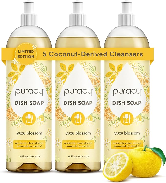 Puracy Natural Dish Soap - Skin-Softening Dishwashing Soap, Non-Toxic Dish Soap, Organic Liquid Dishwashing Detergent Soap, Coconut-Derived Cleanser (Yuzu Blossom, 16 fl oz, 3 Pack)