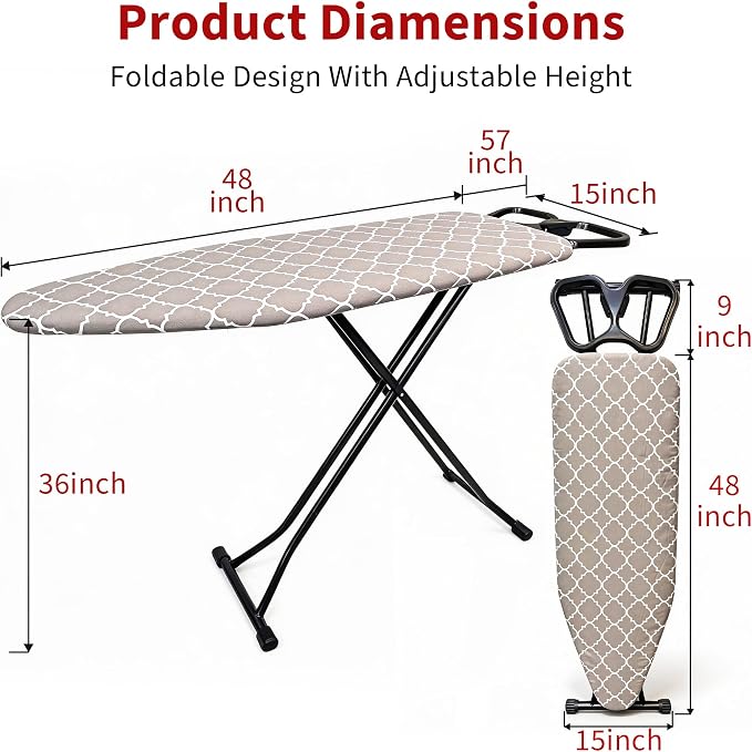 Ironing Board, 48"×15" with Iron Rest, 7 Adjustable Height 4 Layer & Sturdy | Extra Large Iron Board, Heat Resistant Cover and Pad for Home Apartment Dorm Laundry Room, Gray