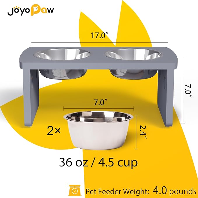 Elevated Dog Bowls, Bamboo Raised Dog Bowl for Medium Dogs, with 2 Stainless Steel Bowls (7'' Tall-40 oz Bowl, Grey)