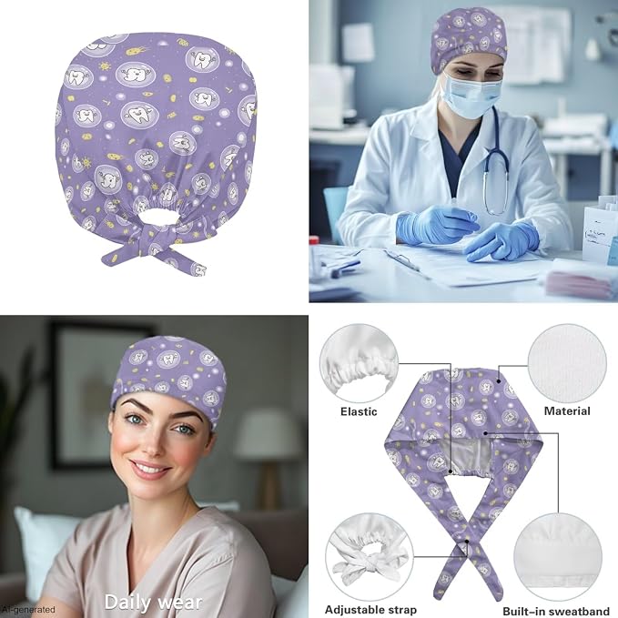 Gomyblomy Women's Scrubs Suit 3-Piece Set | Teeth Print V-Neck Top & Pants & Cap, Breathable and Stretch Fabric, S-5XL