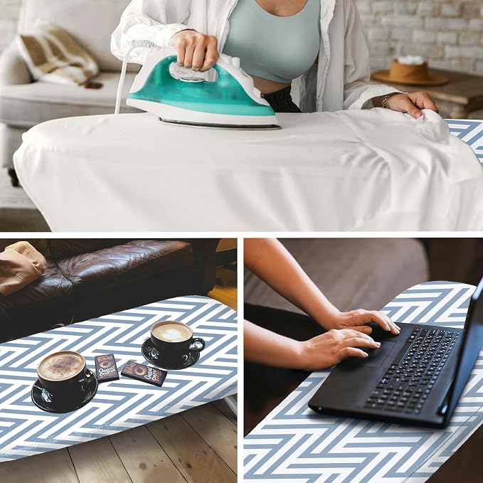 Small Tabletop Ironing Board Foldable, RAINHOL Steel Mesh Portable Iron Board for Dorm and Apartment, with Iron Rest and Heat-Resistant Cotton Cover, 32" x 12", Blue and White Stripes