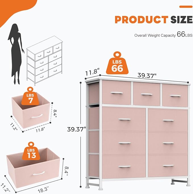 Sweetcrispy 9 Drawer Fabric Dresser Storage Tower with Wood Top and Steel Frame, Organizer Chest with Easy Pull Handles for Bedroom, Closet, Hallway,Pink
