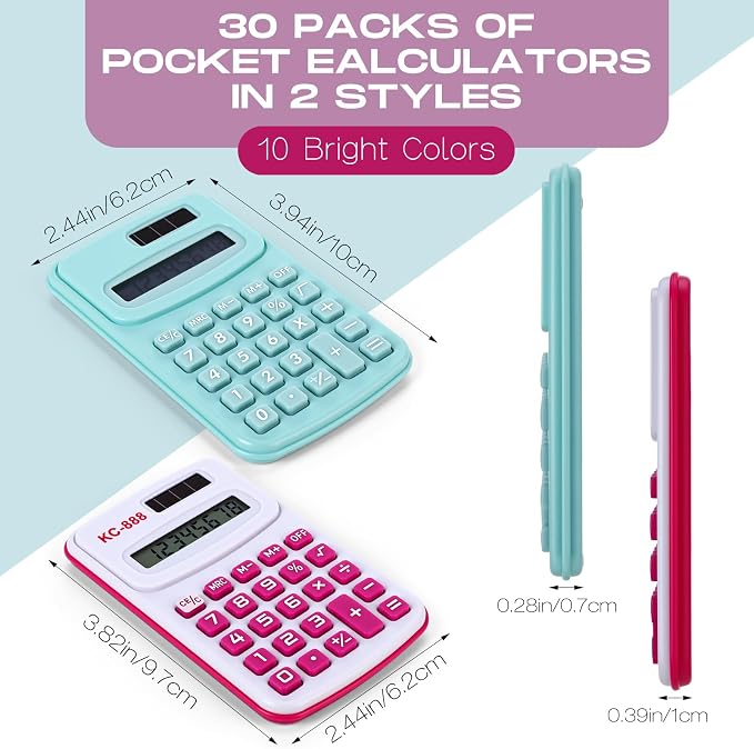 Flutesan 30 Pack Pocket Calculator Small Battery Powered Bulk Mini Size 4 Function Hand Held Basic Calculator for Students Kids School Home Office(Red, Blue, Green, Black, Pink, Purple)