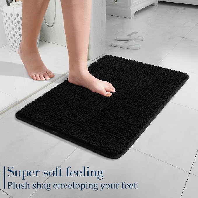 LOCHAS Luxury Bathroom Rug Shaggy Bath Mat 24 x 17 Inch, Black | Washable Non Slip Bath Rugs for Bathroom Shower, Soft Plush Chenille Absorbent Carpets