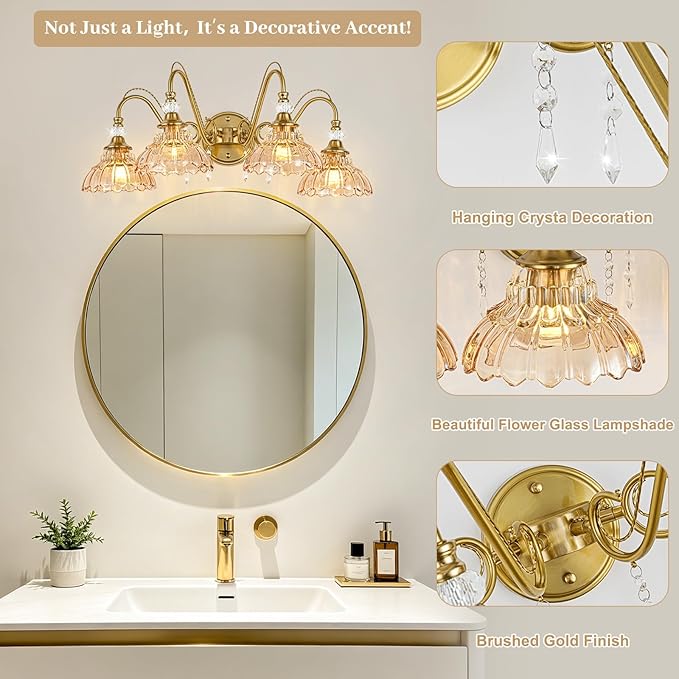 Vintage Bathroom Vanity Light, 4-Light Brushed Gold Finish Wall Sconce with Hanging Crystal Accents and Flower-Shaped Amber Glass Shades, Retro Wall Mount Vanity Light Over Mirror for Bathroom