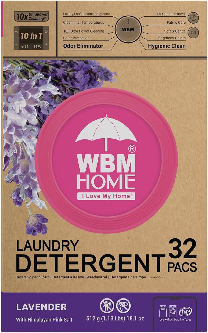 WBM 10-in-1 Laundry Detergent Pods, Fabric Softener with Lavender Extracts, High-Efficiency Laundry Pods with Powerful Stain Lifter Technology - 32 Count Bag