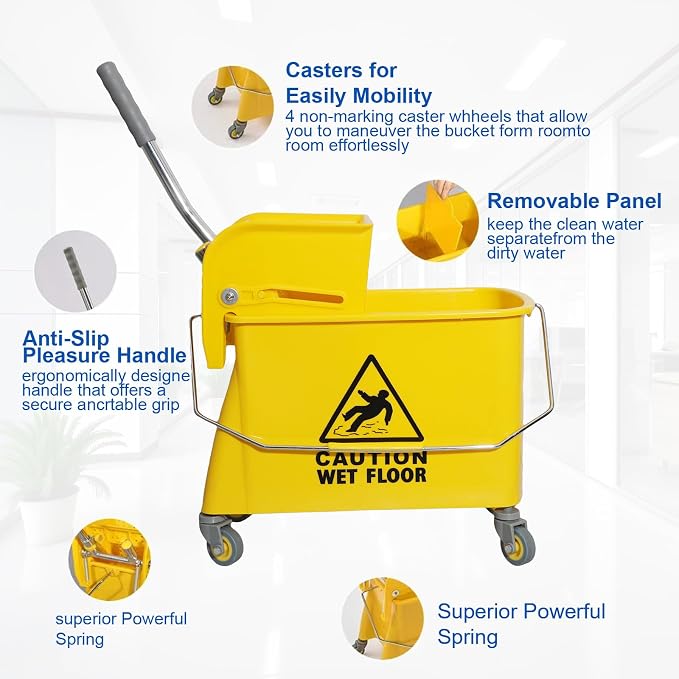 Midoneat Mop Bucket with Wringer, 22 Qt (5.5 Gallon), Wheels,Floor Cleaning | 16.5"L x 10.6"W x 26.4"H, Yellow ,Add One Cotton Mop