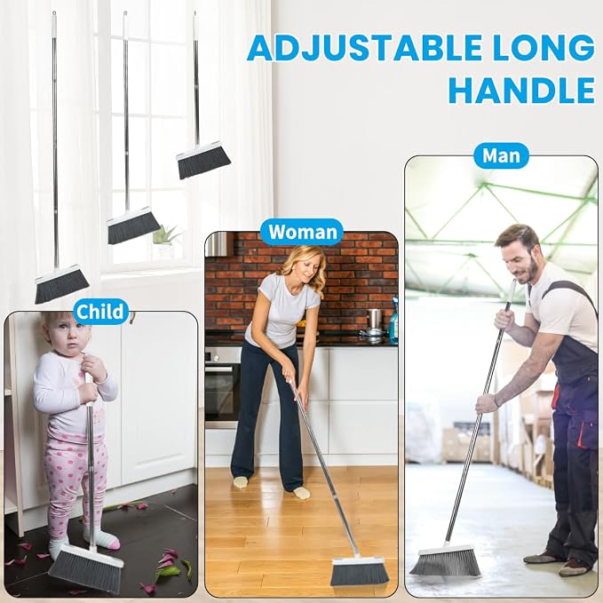 Stand Up Dustpan and Broom Set 50” Long Handle Broom with Dust Pan, 20° Angled for Ergonomic Home Office Indoor Sweeping