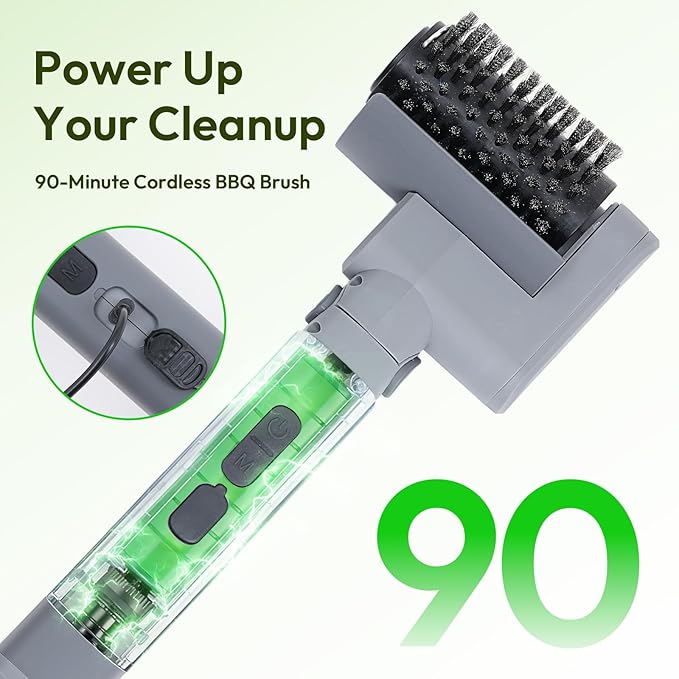 2026 Upgraded Electric Grill Brush, Stainless Steel BBQ Cleaner, 410 RPM High Torque Power Scrubber, 90-Min Runtime, Hot Grill Safe for Gas, Charcoal & Cast Iron Grates