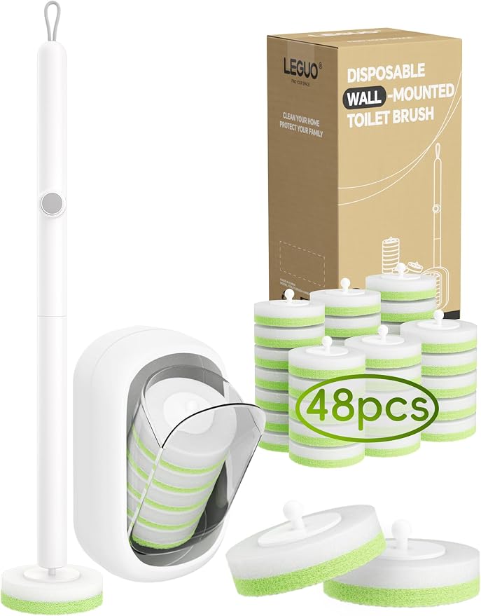 Wall Mounted Disposable Toilet Brush System with Holder, Toilet Bowl Cleaning Wand with Green Refills and One-Button Release, 1 Wand and Holder with 48 Green Refills
