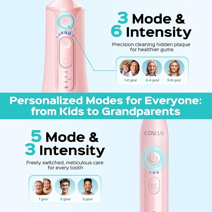 COSLUS C51C30 Water Flosser Electric Toothbrush Combo, 2-1 Oral Clean Kit | Portable Brushing & Flossing for Teeth & Braces Cleaning, Multiple Modes for Family Use, Cordless for Home & Travel, Pink