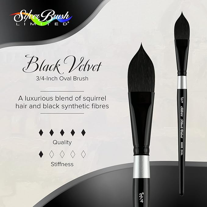 Silver Brush Limited 3009S3/4in Black Velvet Oval Watercolor Paint Brush, Size 3/4 Inch, Short Handle