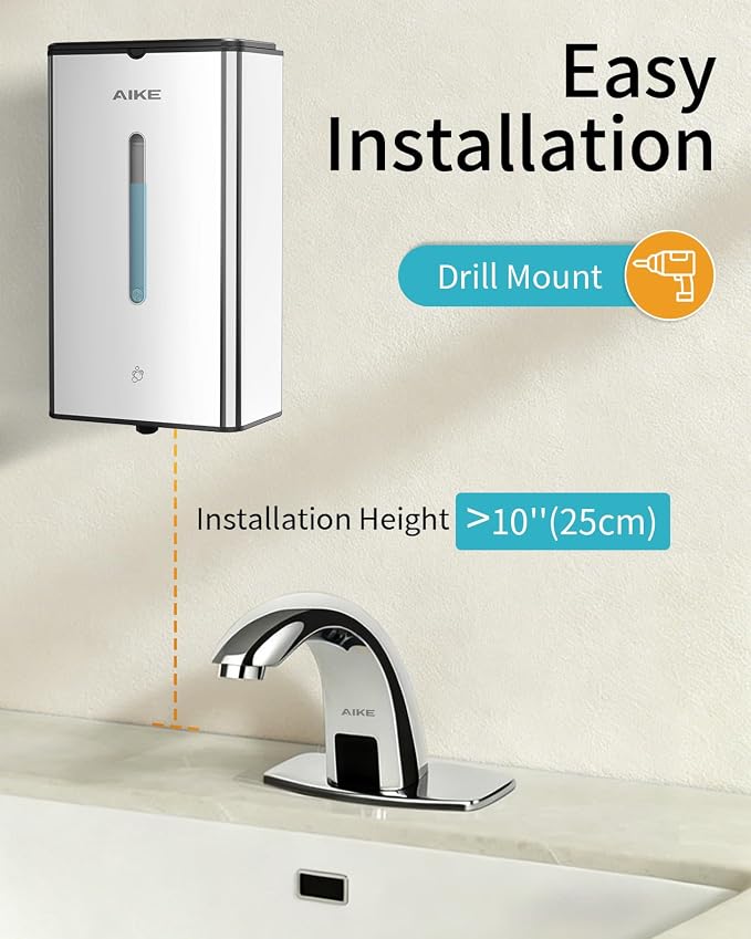 AIKE Automatic Foaming Soap Dispenser 33.8oz for Bathroom,Polished AK1207FA | Rich Foam and Steel Finish,5-Level Adjustable and Key for Commercial(Battery Not Included),Screw Wall Mount for Space-Saving
