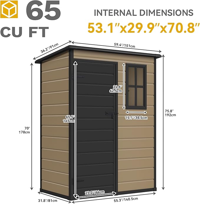 DWVO 5x3ft Resin Outdoor Storage Shed with Floor, Waterproof Lockable Tool Shed with Window, Plastic Outside Resin Storage Shed for Garden Backyard Patio Lawn