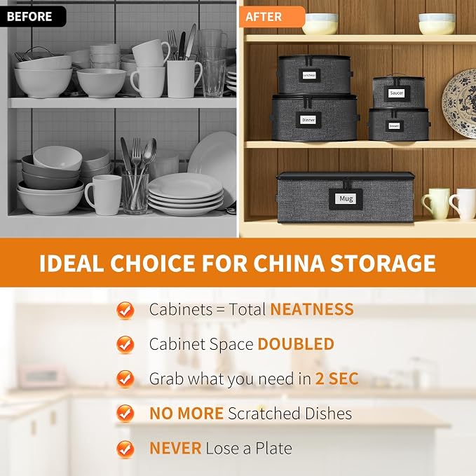 Aokeyee 5-Piece China Storage Containers Set, Hard Shell Moving Boxes for Dishes, Plates & Mugs – Dinnerware Organizer with Soft Felt Dividers, Sturdy Handles & Zippers, Grey