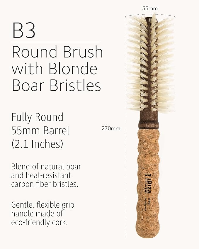 Ibiza Hair Boar Bristle Round Brush (B3-55mm) | Blonde Bristles & Cork Handle | Ideal for Color Treated Tresses | Beachy Waves & Volume | Adds Shine & Texture for Medium to Long Styles