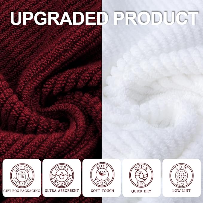 VOOVA & MOVAS 6PC Towel Set, 100% Cotton, Burgundy Red White | 2 Large Bath 30x56 In, 2 Hand 18x28 In, 2 Wash Cloths 13x13 In, Quick Dry, Soft, Thick, Bathroom Essentials