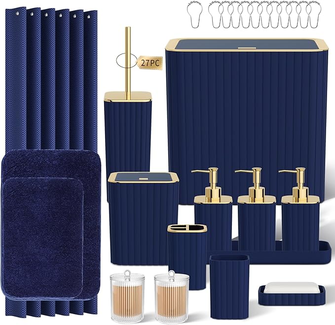 Bathroom Accessory Set - Bathroom Set, 12PC Bathroom Accessories Set, Navy Blue Bathroom Accessories Set, Mini Trash Can, Toilet Brush, Trash Can & Soap Dispenser