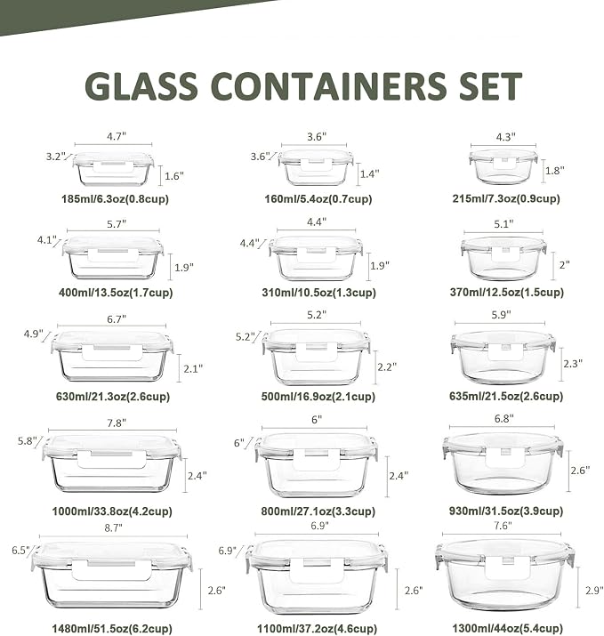 30 Pieces Glass Food Storage Containers Set, Glass Meal Prep Containers Set with Snap Locking Lids, Airtight Glass lunch Containers, Microwave, Oven, Freezer & Dishwasher,White