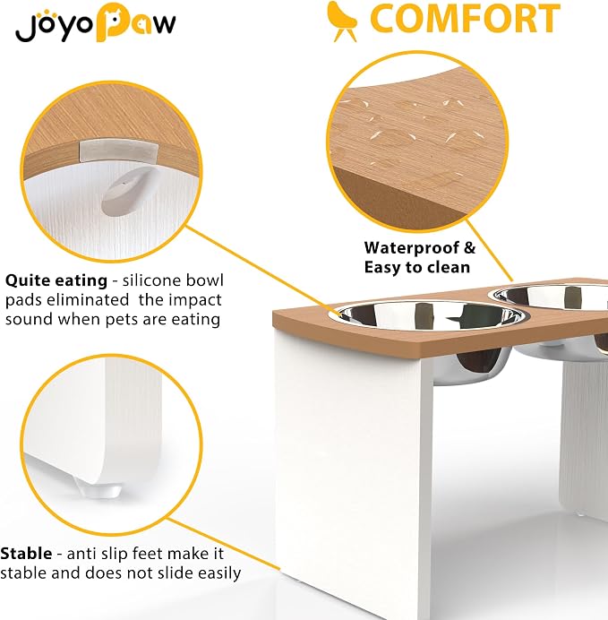 Elevated Dog Bowls, Waterproof Raised Dog Bowl for Medium & Large Dogs, HIPS Poly Lumber Stand with 2 Stainless Steel Bowls, Indoor & Outdoor Use (13'' Tall–68 oz Bowl, Teak - White)