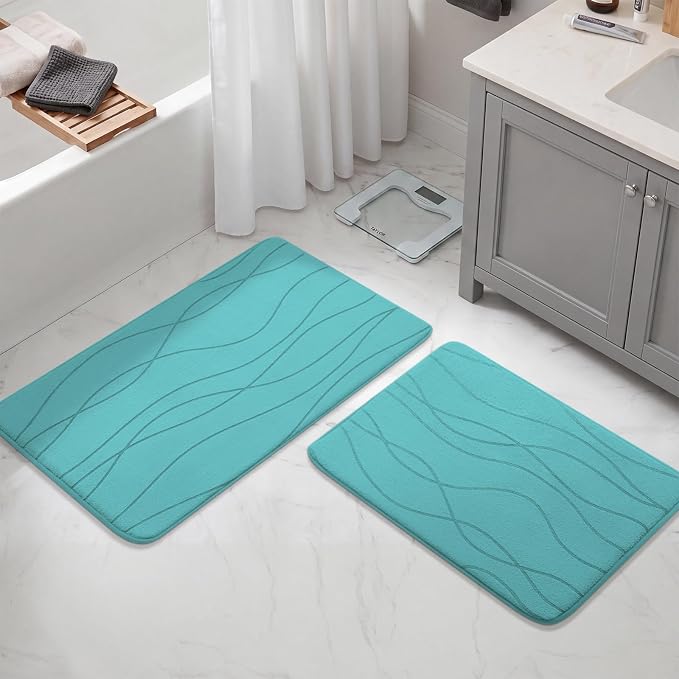 YIHOUSE Bathroom Rugs Set 2 Piece, Memory Foam Bath Mat Teal | 17x24& 20x32, Ultra Soft, Absorbent, Non-Slip, Machine Washable, for Bathroom, Sink and Toilet
