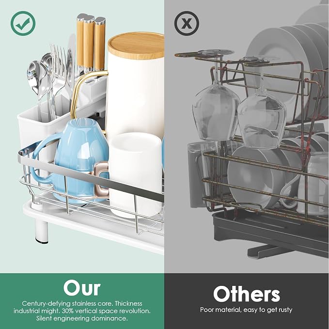 MOUKABAL Stainless Steel Dish Drying Rack for Kitchen Counter, White Silver | 13×17 Large Capacity/Drainboard with Rotating Spout/Removable Cup & Utensil Holders/Fast Drainage/Countertop Dish Drainer