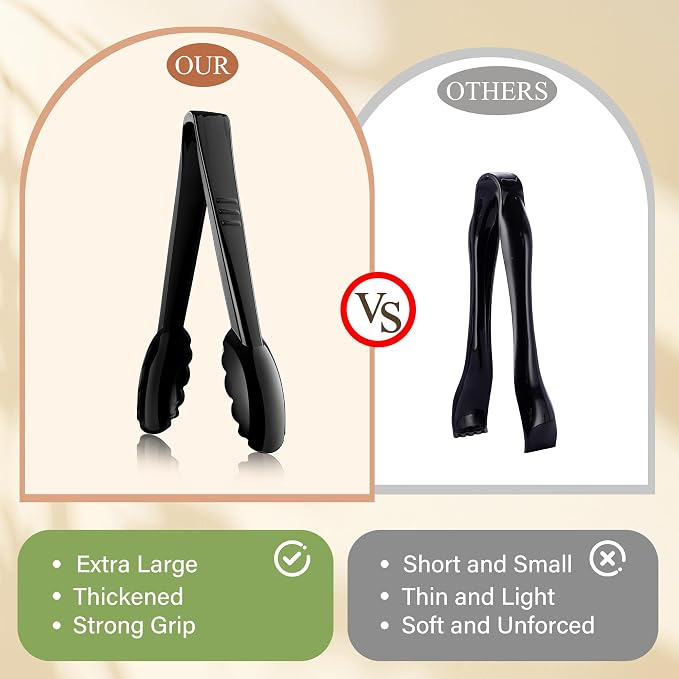 Mwellewm 24 Pc Plastic Tongs for Serving 9 Inch Bulk Reusable or Disposable Tongs Heavy Duty Hard Serving Utensils Set Large Salad Tong for Kitchen Party Food Buffet Appetizer BBQ Event Catering Black