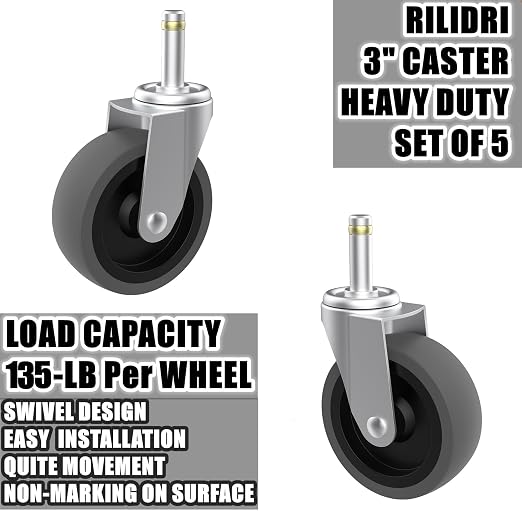 RILIDRI Replcament Casters for Brute Trash Bin Dolly Set of 5, 3-Inch Trash Can Dolly Replacement Wheels - 375LBs per Set