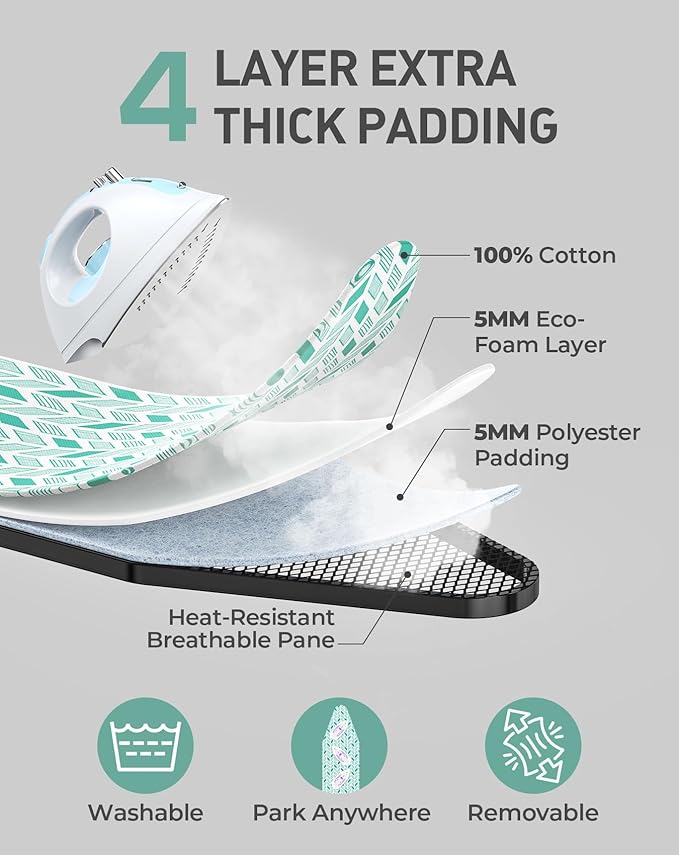 LyriFine Ironing Board, 2-in-1 Ironing and Steaming Board, 14″ x 43″ | Upgraded Iron Board with Iron Rest, Sturdy Steel Frame Iron Board with Non-Slip Feet, Ironing Board Full Size & Hook, Green