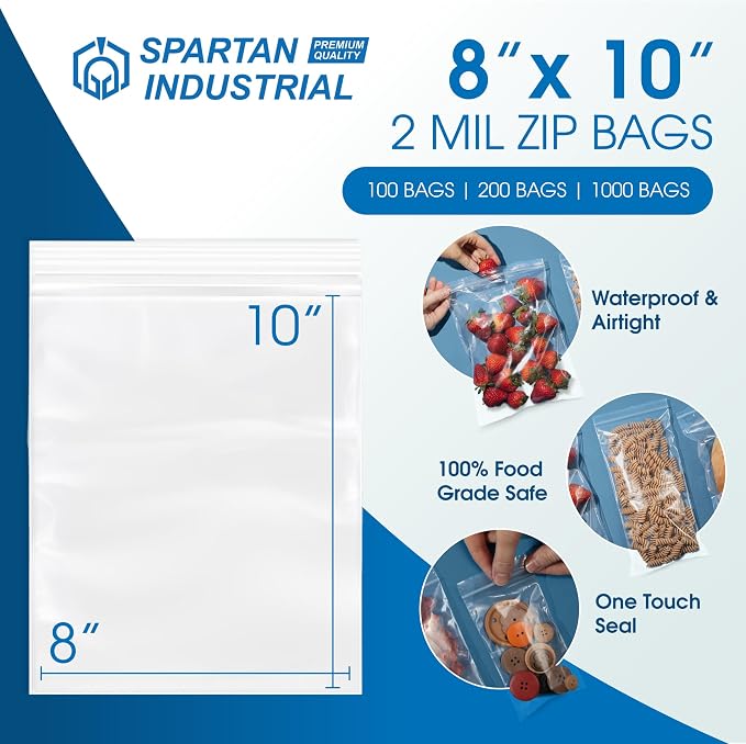Spartan Industrial - 8” X 10” (1000 Count) Quart Clear Reclosable Zip Plastic Poly Bags with Resealable Lock Seal Zipper - 2 Mil
