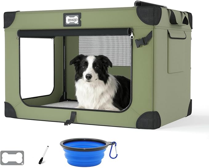 36 Inch Soft Collapsible Dog Crate Green with Waterproof and Easy to Clean | Chew-Proof Mesh Window,Sturdy Frame,Soft Blanket and Foldable Bowl,Waterproof,Portable for Camping,Signature Card,Storage Bag