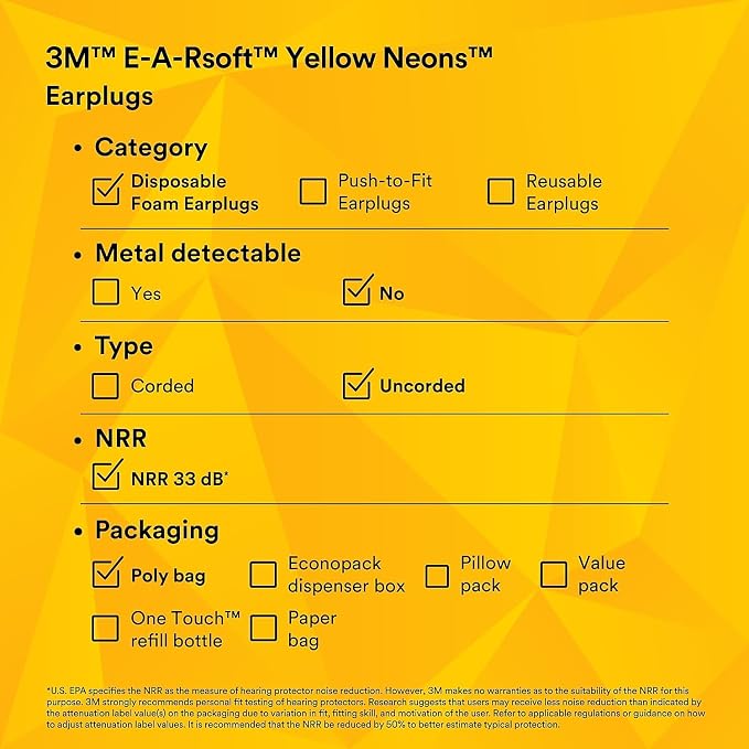 3M Ear Plugs, E-A-Rsoft Yellow Neons 315-1250, 200 Pair of Disposable Earplugs, Pairs Individually Wrapped, Regular Size, Uncorded, 33 NRR, Tapered Cylinder Shape, Slow Recovery Foam