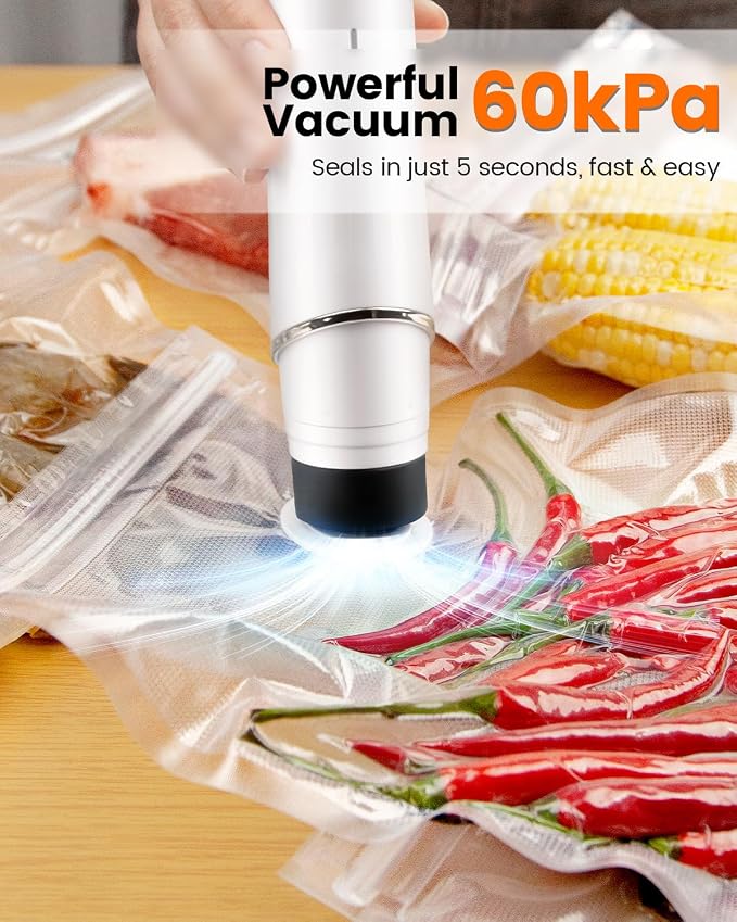 Portable Vacuum Sealer for Food, 10 Reusable Sealer Bags with 60kPa Powerful Handheld Vacuum Sealer Machine, Seal Meal Saver, Cordless Compact Food Sealer for Freezer, Microwave