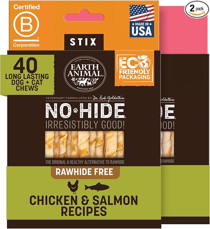 Earth Animal No Hide Stix - Long Lasting Rawhide Free Small Dog Chews Sticks, Chicken & Salmon Variety Bundle - 40 Count Value Pack