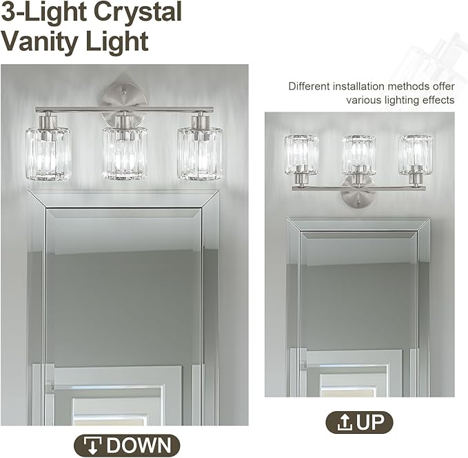 Crystal Bathroom Light Fixtures, Bathroom Lighting Fixtures Over Mirror, Modern 3-Light Brushed Nickel Vanity Lights for Mirror, Restroom, Kitchen(Ceramic E26 Socket,Bulbs Not Include)