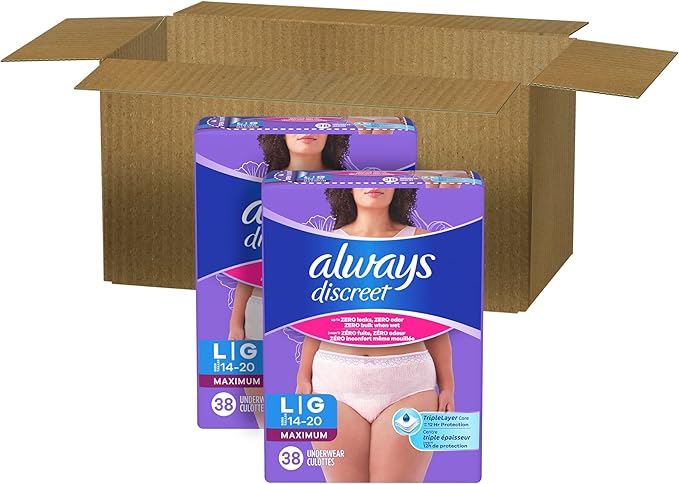 Always Discreet Adult Diapers for Women, Incontinence Underwear, Postpartum Essentials, Disposable Briefs, Max Absorbency, Bladder Leak Protection, Large, 76ct