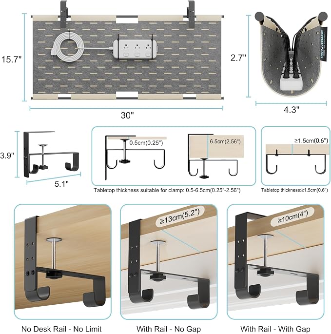 No Drill Under Desk Cable Management Tray, 30" Felt Cord Organizer | Clamp or Screw Mount, Converts to Privacy Panel, Pegboard Design, Wire Management for Standing Desk & Home Office