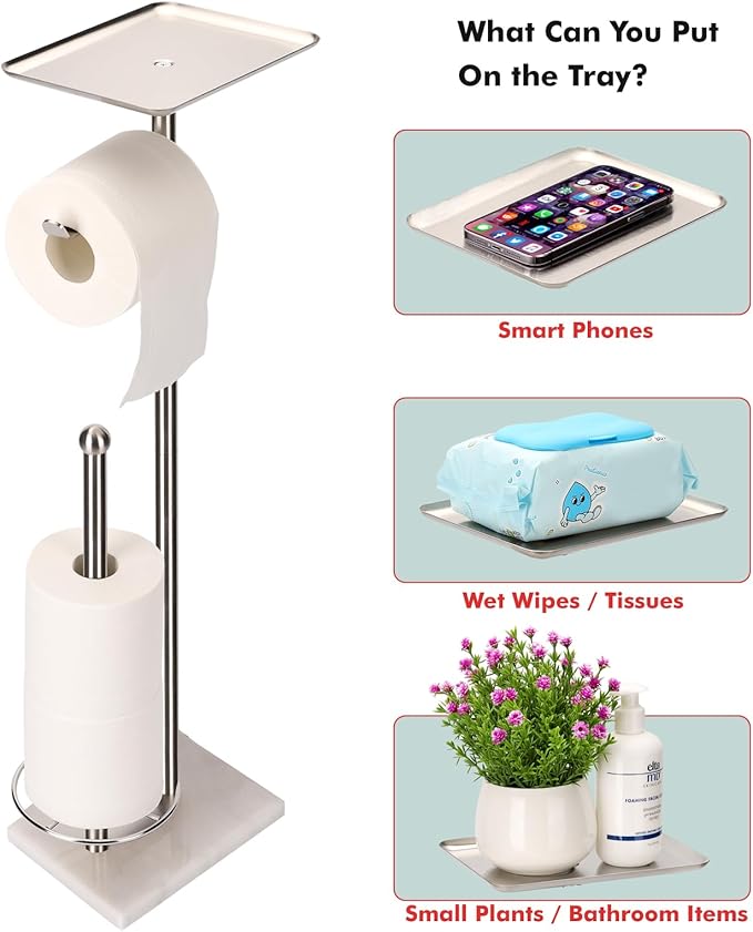Toilet Paper Holder with Tray at The Top, Sturdy Marble Base No Wobby, Holding Extra 3 Toilet Paper Rolls As Spare Use, Freestanding No Drilling (Brushed Nickel)