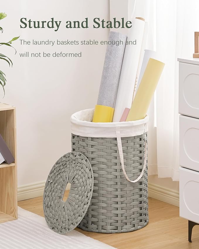SETVSON Laundry Hamper with Lid Laundry Basket with Lid 19.0 Gal, Gray | Round Clothes Organizer with Lid, Removable Inner Liner Bag with Handles, 2 Mesh Wash Bags, Easy 5-Minute Assembly