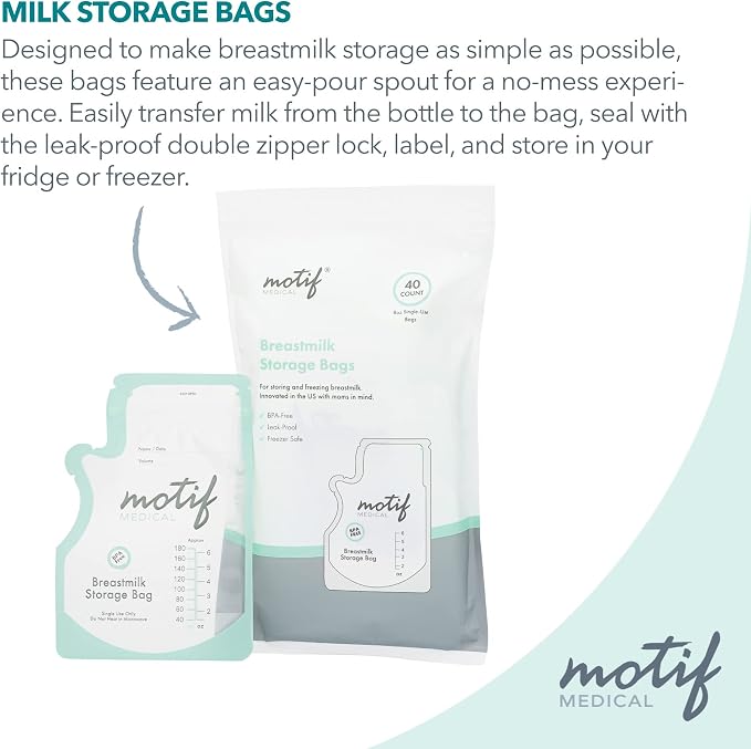 Motif Medical Breastmilk Storage Bags - Breastmilk Freezer Bags w/Easy Pour Spout, Write-On Label - Leak-Proof Double Zipper Milk Bags for Breastmilk - Breastfeeding Mom Gifts (6 Oz, 40 Count)