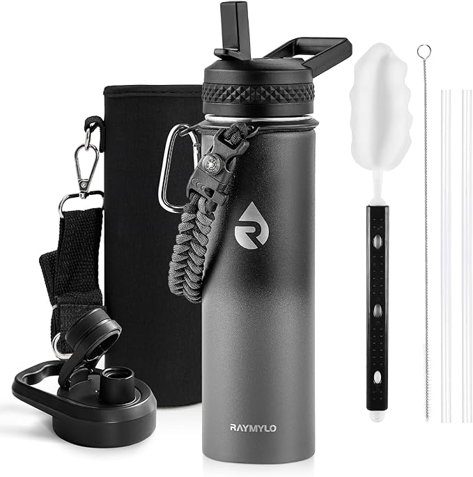 RAYMYLO Insulated Water Bottle 20 oz, Triple Wall Vacuum Stainless Steel (Cold for 24Hrs, Hot for 12Hrs), Leak Proof & Non-BPA, Modern Water Bottle Jug for School with Straw Spout Lids