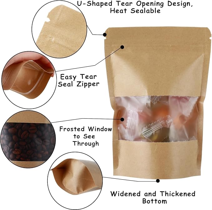 4X6 Resealable Bags Kraft Mylar Bags for Food Storage 300 Pcs Mylar Bags with Window Candy Packaging Reclosable Small Stand Up Pouches Edible Packaging, Kraft Paper Bags for Small Business